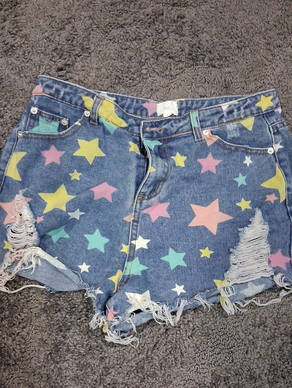 High-Rise Multicolor Star Print Denim Shorts - Blue